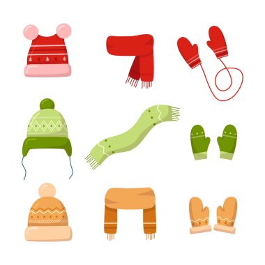 Vektör kışlık giysiler hazır. Çizgi film örgü atkı, şapka, eldivenler, beyaz arka planda izole edilmiş eldivenler. Mevsimlik kış aksesuarları koleksiyonu.