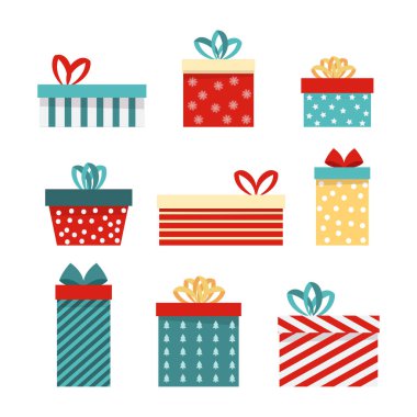 Noel hediye kutularının vektör seti. Düz simgeler beyaz arkaplanda izole edildi. Tatil hediyeleri, kurdeleli ve fiyonklu doğum günü öğeleri.