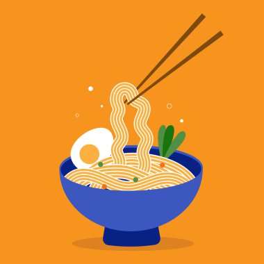 Turuncu arka planda erişteli makarna. Düz simge. Makarnalı sıcak yemek. Asya mutfağı.