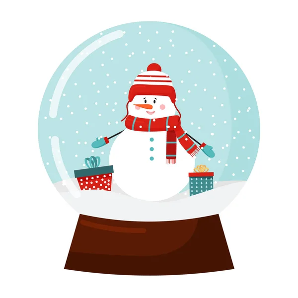 Beyaz üzerine izole edilmiş vektör Noel kartopu camı. Hediye kutularıyla geleneksel Noel kardan adamı. Kar taneli kış tatili kartopu