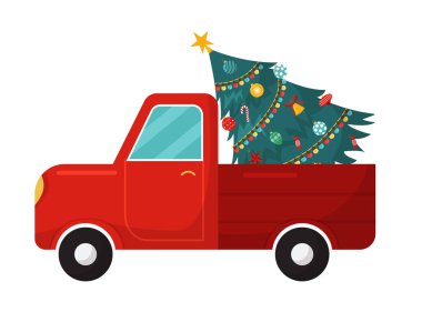 Beyaz arka planda izole edilmiş noel ağacı olan vektör retro araba. Noel tatili, kartpostal şablonu simgesi.