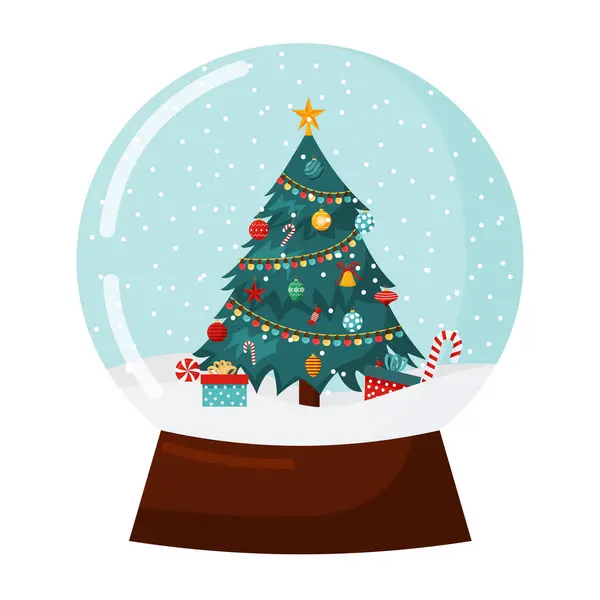 Yılbaşı kar küresi camı beyaza izole edilmiş. Hediye kutularıyla geleneksel Noel ağacı. Kar taneli kış tatili kartopu.