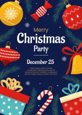 Mutlu Noeller ve yeni yıl posteri, tebrik kartı şablonu. Noel partisi davetiyesi. Noel ağacı, toplar, mavi arka planda hediye kutuları. Arkaplan, tatil etkinliği broşürü.