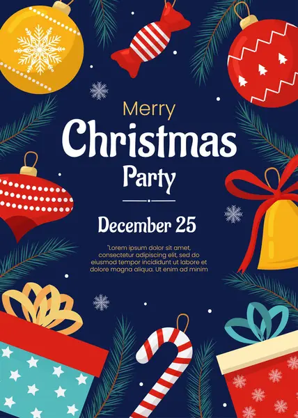 Mutlu Noeller ve yeni yıl posteri, tebrik kartı şablonu. Noel partisi davetiyesi. Noel ağacı, toplar, mavi arka planda hediye kutuları. Arkaplan, tatil etkinliği broşürü.