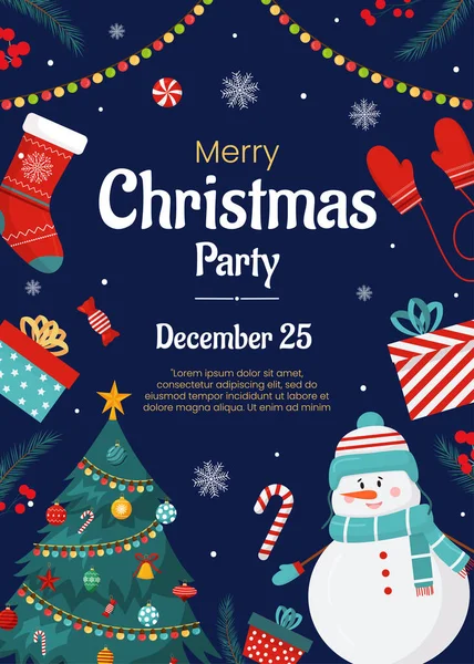 Mutlu Noeller ve yeni yıl posteri, tebrik kartı şablonu. Noel partisi davetiyesi. Noel ağacı, hediye kutuları, mavi arka planda kardan adam. Arkaplan, tatil etkinliği broşürü.