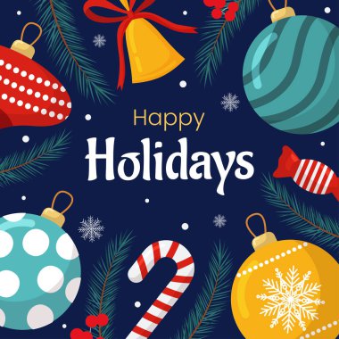Mutlu Noeller ve yeni yıl posteri, tebrik kartı şablonu. Noel partisi davetiyesi. Noel ağacı topları, zil, mavi arka planda şekerler. Tatil etkinliği için arka plan sosyal medyası.