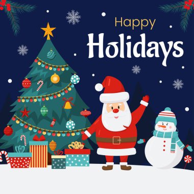 Mutlu Noeller ve yeni yıl posteri, tebrik kartı şablonu. Noel partisi davetiyesi. Noel ağacı, Noel Baba, hediye kutuları, mavi arka planda kardan adam. Tatil için el ilanı
