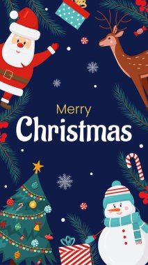 Mutlu Noeller ve yeni yıl posteri, tebrik kartı şablonu. Noel partisi davetiyesi. Noel ağacı, Noel Baba, hediye kutuları, mavi arka planda kardan adam. Tatil için el ilanı
