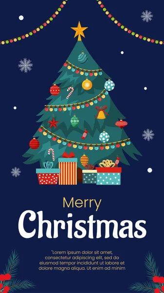 Mutlu Noeller ve yeni yıl posteri, tebrik kartı şablonu. Noel partisi davetiyesi. Noel ağacı, mavi arka planda hediye kutuları. Arkaplan, tatil etkinliği broşürü