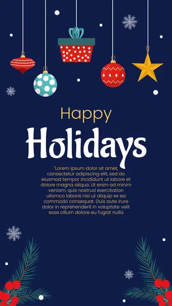 Mutlu Noeller ve yeni yıl posteri, tebrik kartı şablonu. Noel partisi davetiyesi. Noel ağacı, toplar, mavi arka planda hediye kutusu. Arkaplan, tatil etkinliği broşürü