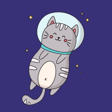 Vector kawaii kedi astronot karakter uzayda uçuyor. Doğum günü broşürleri için tebrik kartı sanatı, çocuklar için baskı dokusu ve bebek partisi.