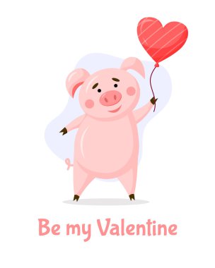 Beyaz arka planda kalp şeklinde balonu olan sevimli domuz karakteri. Sevgililer Günü tebrik kartı klipsleme sanatı.