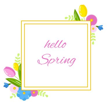 Bahar çiçeği çerçevesi, çelenk, sınır. Beyaz zemin üzerinde laleler ve yaz çiçekleri olan kare çerçeve. İlkbahar illüstrasyonu.