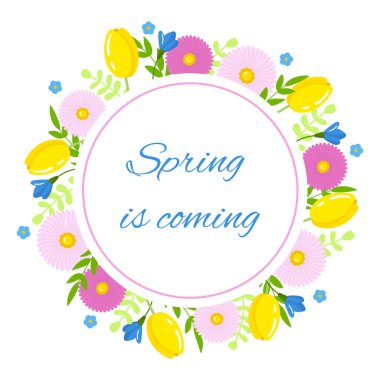 Bahar çiçekleri çerçevesi, çelenk. Yuvarlak çerçeveli laleler ve beyaz arka planda izole edilmiş yaz çiçekleri. İlkbahar illüstrasyonu