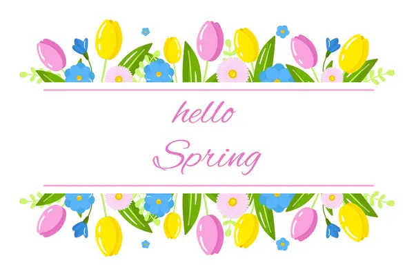 Bahar çiçeği çerçevesi, çelenk, sınır, pankart şablonu. Beyaz arka planda izole edilmiş laleler ve yaz çiçekleriyle çerçevelenmiş. İlkbahar illüstrasyonu.