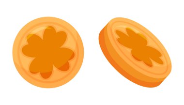 Beyaz üzerine izole edilmiş dört yapraklı altın yoncalar. Patricks Günü Leprikonları İrlanda para illüstrasyonu.