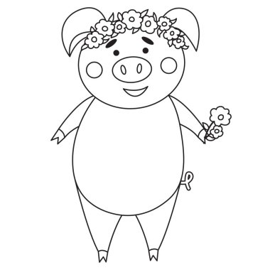 Beyaz çiçekli şirin çizgi film domuzu. Çizgi boyama kitabı sayfa tasarımı. Çiftlik hayvanı karakteri. Clipart domuzcuk çizimi