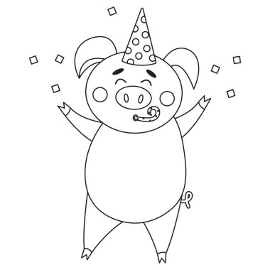 Beyaz üzerine izole edilmiş şirin çizgi film domuz doğum günü şapkası. Çizgi boyama kitabı sayfa tasarımı. Çiftlik hayvanı karakteri. Clipart domuzcuk çizimi