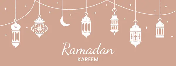 Ramazan Kareem, Bayram Mübarek vektör tebrik kartı geçmişi. Kutlama süslemeleri ve pastel arka planda Arap fenerleri. Banner şablonu. Arkaplan, tatil etkinliği broşürü.