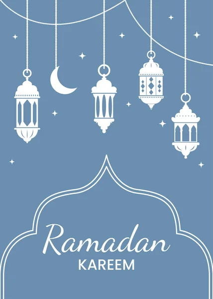 Ramazan Kareem, Bayram Mübarek vektör tebrik kartı geçmişi. Kutlama süslemeleri ve mavi arka planda Arap fenerleri. Poster şablonu. Arkaplan, tatil etkinliği broşürü.
