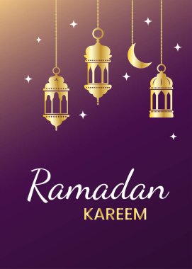 Ramazan Kareem, Bayram Mübarek vektör tebrik kartı geçmişi. Kutlama süslemeleri ve mor arka planda Arap altın fenerleri. Poster şablonu. Arkaplan, tatil etkinliği broşürü