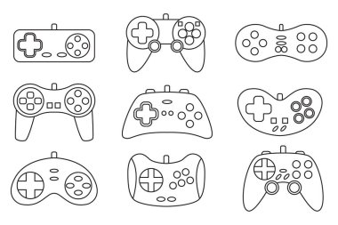 Vektör satırı oyun denetleyici oyun alanı simgeleri ayarlandı. Siyah hatlı joystickler beyaz arka planda izole edilmiş düz stil elementler. Oyuncu aygıt koleksiyonu.