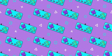 Vektör oyuncu kusursuz desen. Menekşe arkaplanda oyun alanı denetleyicisi. Oyun çubukları ikonlarını karalama tarzında oynuyorum. Duvar kağıdı, baskı, tekstil, kumaş, ambalaj. Bilgisayar oyunu pankartı.