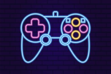 Vektör neon ışığı oyunu denetleyici oyun alanı simgesi. Gece karanlığında renk çizgisi joystick elementinin düz şekli. Oyuncu aygıt koleksiyonu