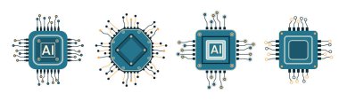 Vektör bilgisayar elektronik çip yapay zeka simgeleri ayarlandı. Mikroçip işlemcisi, yapay zeka, işlemci, iot, beyaz arkaplanda izole edilmiş büyük veri.
