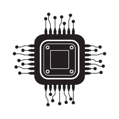 Vektör bilgisayar elektronik çip siyah şekil simgesi. Siluet mikroçip işlemcisi yapay zeka, işlemci, iot, beyaz arkaplanda izole edilmiş büyük veri.
