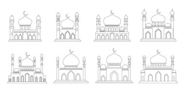 Vektör İslami cami siyah çizgili siluetler ayarlandı. Ramazan Müslüman çizgisi ikonu koleksiyonu beyaza izole edildi. Arap camii binaları minarelerle şekillenir. Kurban Bayramı illüstrasyonu.