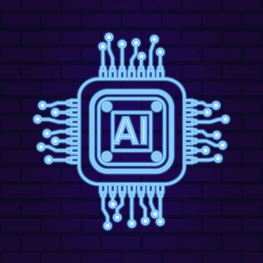 Vektör bilgisayar elektronik çip neon parlayan ana hat yapay zeka simgesi. Çizgi mikroçip işlemcisi, yapay zeka, işlemci, iot, beyaz arkaplanda izole edilmiş büyük veri