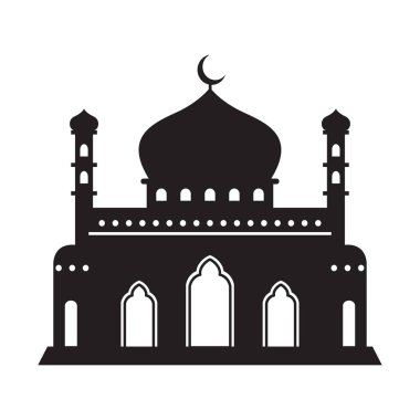 Vektör İslami cami siyah silueti. Ramazan Müslüman ikonu beyaza izole edilmiş. Minarelerle şekillendirilmiş Arap camii binası. Kurban Bayramı illüstrasyonu