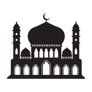 Vektör İslami cami siyah silueti. Ramazan Müslüman ikonu beyaza izole edilmiş. Minarelerle şekillendirilmiş Arap camii binası. Kurban Bayramı illüstrasyonu