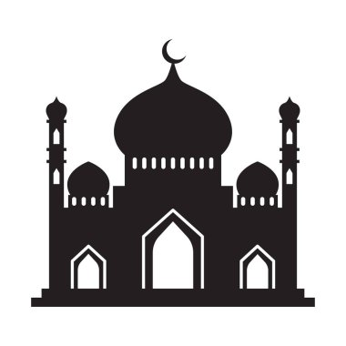 Vektör İslami cami siyah silueti. Ramazan Müslüman ikonu beyaza izole edilmiş. Minarelerle şekillendirilmiş Arap camii binası. Kurban Bayramı illüstrasyonu