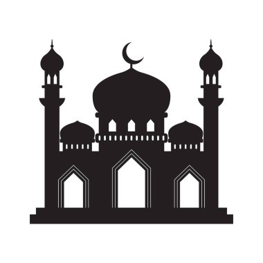 Vektör İslami cami siyah silueti. Ramazan Müslüman ikonu beyaza izole edilmiş. Minarelerle şekillendirilmiş Arap camii binası. Kurban Bayramı illüstrasyonu