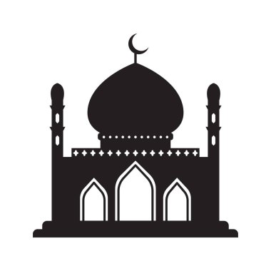 Vektör İslami cami siyah silueti. Ramazan Müslüman ikonu beyaza izole edilmiş. Minarelerle şekillendirilmiş Arap camii binası. Kurban Bayramı illüstrasyonu