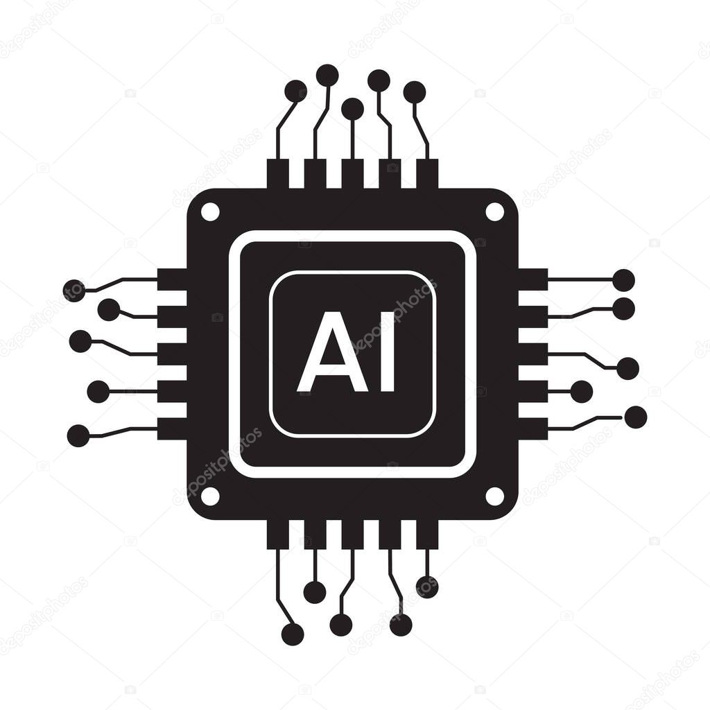 Vector computer electronic chip black shapes AI icon. Silhouette microchip processor artificial intelligence, cpu, iot, big data isolated on white background