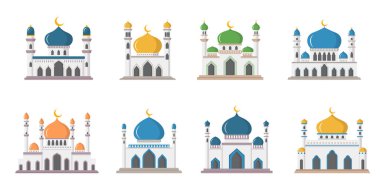 Vektör karikatür düz İslami cami seti. Ramazan Müslüman simge koleksiyonu beyaz arka planda izole edildi. Minareleri olan Arap cami binaları. Kurban Bayramı illüstrasyonu