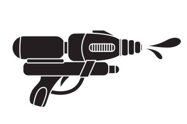 Beyaz arka planda izole edilmiş vektör plastik çocuk su tabancası şekilli ikon. Siyah siluet yaz tabancası elementi. Songkran Festivali geleneksel oyun illüstrasyonu