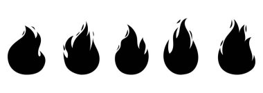 Beyaz arkaplanda parlak yanık alev siyah şekil simgesi izole edildi. Ateşli, düz siluet Clipart koleksiyon yapıyor. Yanan ateş topu işaretleri.