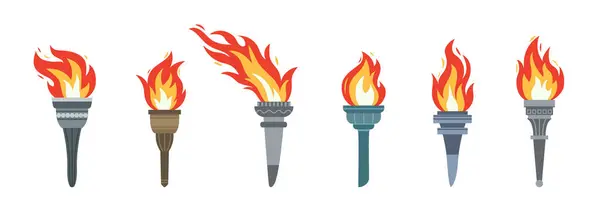 Vektör yanan alev meşaleleri beyaz arkaplanda izole edilmiş simgeler oluşturdu. Spor düz stil oyunlar zafer sembolleri koleksiyonları. Kazanan soyut imza.