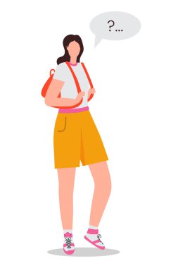 Beyaz arka planda çanta taşıyan vektör kız öğrenci. Üniversite eğitimi konsepti. Okul illüstrasyonuna dönelim.