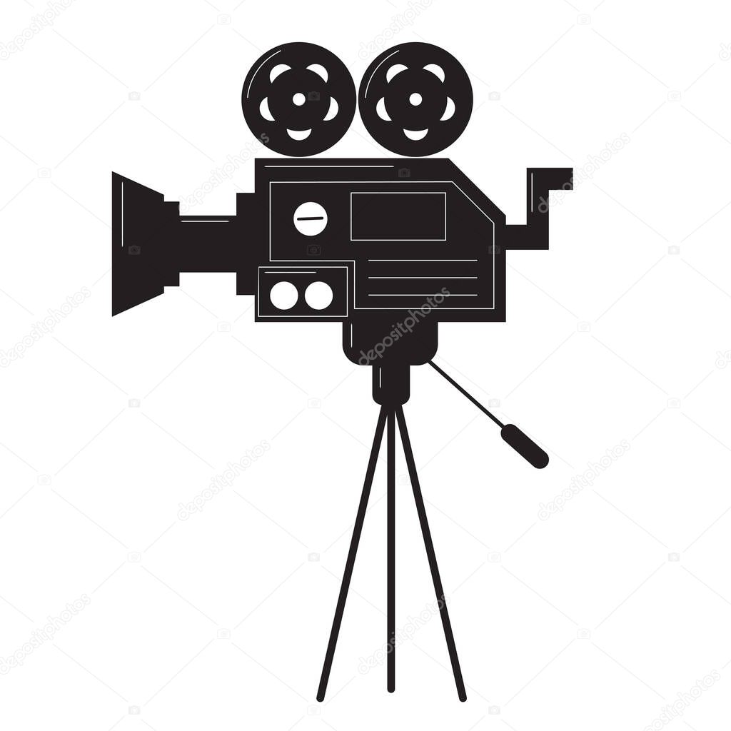 Vector vintage video camera cinema black silhouette element. Icon cinematography for movie maker