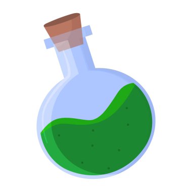 Cadılar Bayramı yeşil iksiri ve düz mantar tıpası içeren vektör cam şişe. 