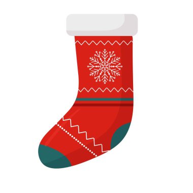 Mavi arka planda izole edilmiş vektör noel çorabı. Geleneksel kırmızı ve yeşil renkler. Hediye olarak Noel çorapları. Tatil dekorasyonu