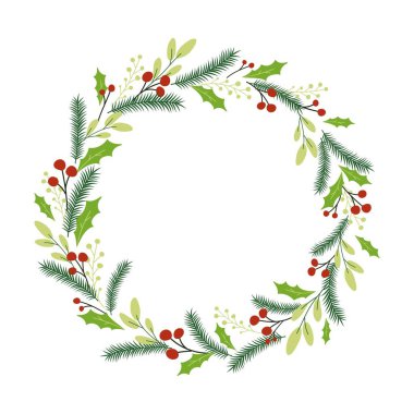 Beyaz arka planda izole edilmiş çiçek çelenklerinin Noel vektör çizimi. Mevsim tebrik kartının çember çerçevesi.