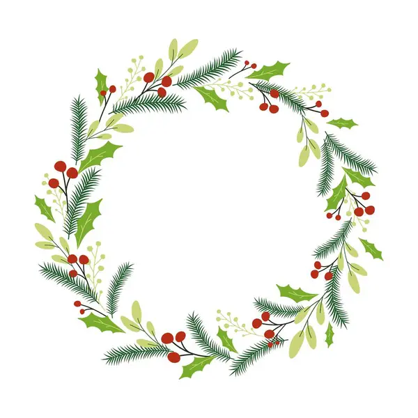 Beyaz arka planda izole edilmiş çiçek çelenklerinin Noel vektör çizimi. Mevsim tebrik kartının çember çerçevesi.