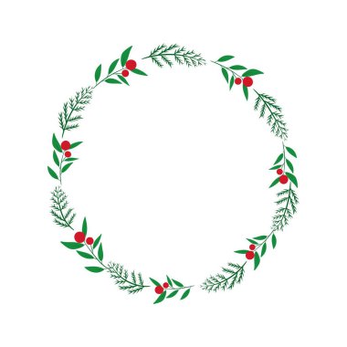 Beyaz arka planda izole edilmiş çiçek çelenklerinin Noel vektör çizimi. Mevsim tebrik kartının çember çerçevesi.