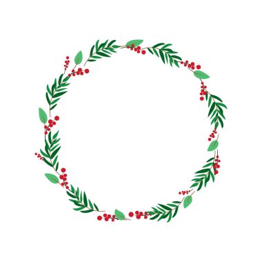 Beyaz arka planda izole edilmiş çiçek çelenklerinin Noel vektör çizimi. Mevsim tebrik kartının çember çerçevesi.